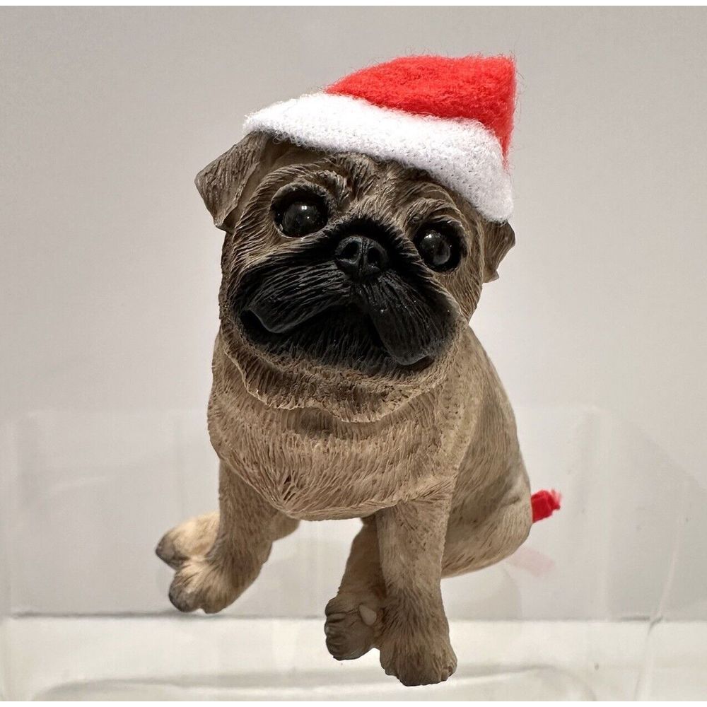 Sandicast Christmas Ornament Fawn Pug Puppy Dog Santa Hat In Original Box‎ Plaid